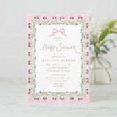 Pink Bow Floral Scalloped Frame Baby Shower  招待状 (スタンド正面)