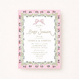 Pink Bow Floral Scalloped Frame Baby Shower  招待状