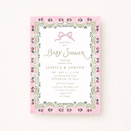 Pink Bow Floral Scalloped Frame Baby Shower  招待状