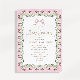Pink Bow Floral Scalloped Frame Baby Shower  招待状