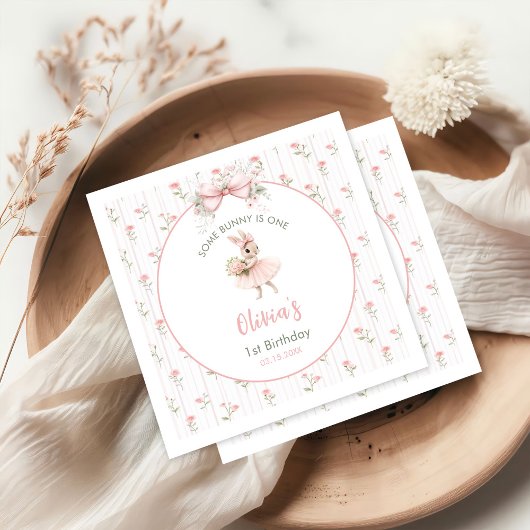 Pink Bow & Floral Some Bunny is One 1st Birthday スタンダードカクテルナプキン