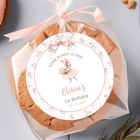 Pink Bow & Floral Some Bunny is One 1st Birthday ラウンドシール