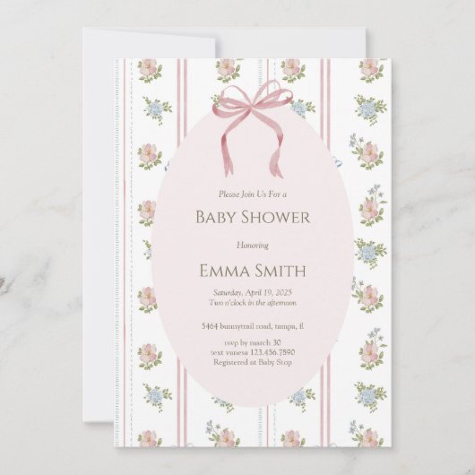 Pink Bow Floral Stripe Baby Shower 招待状 (正面)