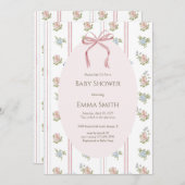 Pink Bow Floral Stripe Baby Shower 招待状 (正面/裏面)