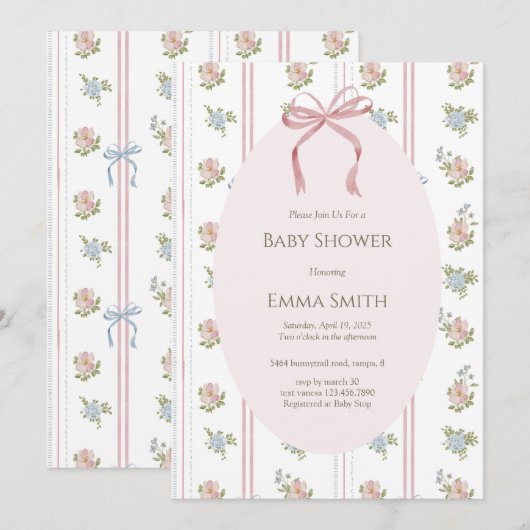 Pink Bow Floral Stripe Baby Shower 招待状 (正面/裏面)