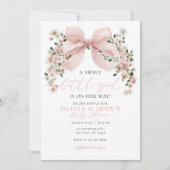 Pink Bow Floral Sweet Little Girl Baby Shower 招待状 (正面)