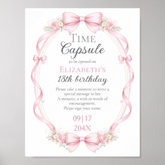 Pink Bow Floral Time Capsule Sign 1st Birthday ポスター (正面)