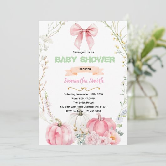 Pink Bow flower pumpkin Invitation 招待状 (スタンド正面)