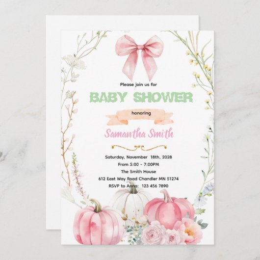 Pink Bow flower pumpkin Invitation 招待状 (正面/裏面)