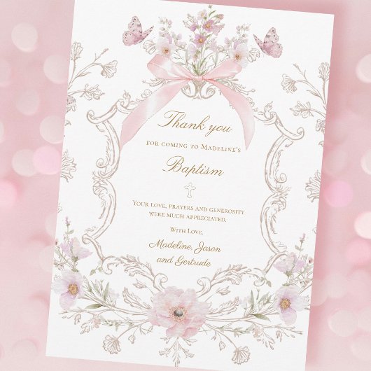  pink bow flowers crest Thank you card 招待状