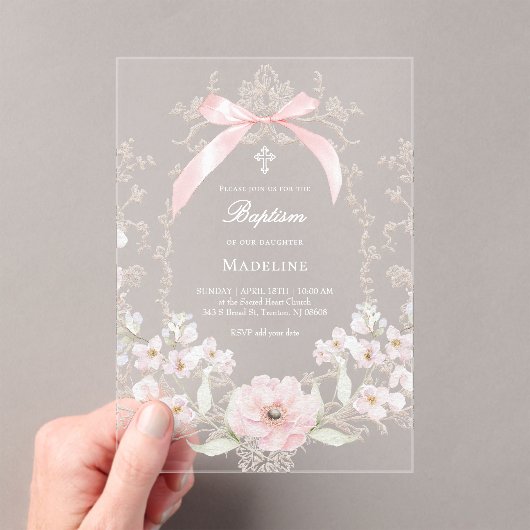  pink bow flowers frame Baptism アクリル招待状 (インサイチュ (ポータブル))
