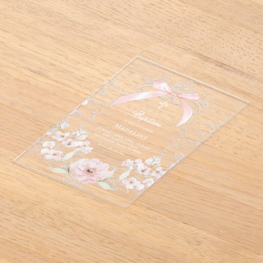  pink bow flowers frame Baptism アクリル招待状 (レイダウン)