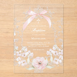 pink bow flowers frame Baptism アクリル招待状