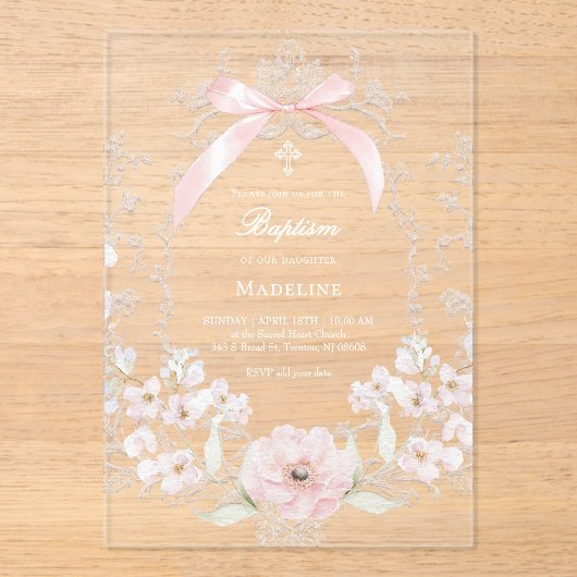  pink bow flowers frame Baptism アクリル招待状 (正面)