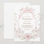  pink bow flowers frame Confirmation 招待状 (正面/裏面)