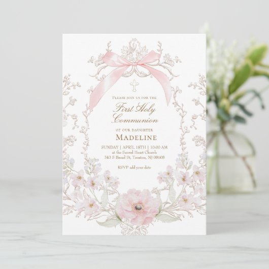 pink bow flowers frame First Holy Communion 招待状 (スタンド正面)