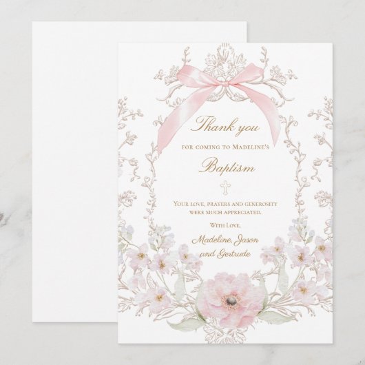  pink bow flowers frame Thank you card 招待状 (正面/裏面)