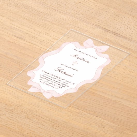  pink bow frame Baptism  アクリル招待状 (レイダウン)