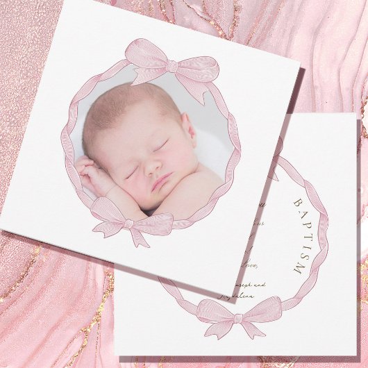 pink bow frame Baptism small thank you card シーズンカード