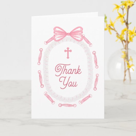 Pink Bow Frame Holy Cross Religious Thank You カード (黄色い花)