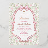 Pink Bow Frame Roses Baptism 箔招待状 (正面)