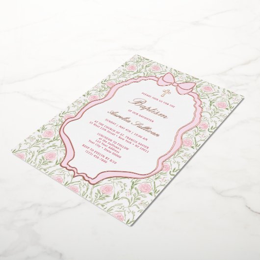 Pink Bow Frame Roses Baptism 箔招待状 (回転した状態)