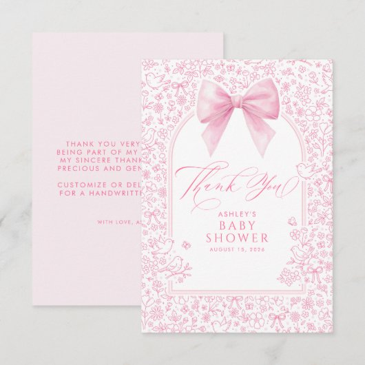 Pink Bow French Floral Chinoiserie Baby Shower サンキューカード (正面/裏面)