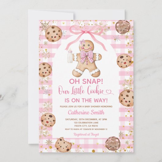 Pink Bow Gingerbread Christmas Baby Shower Gingham 招待状 (正面)