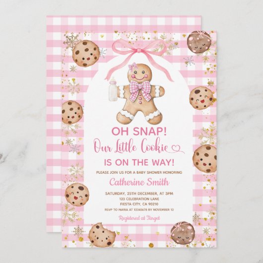 Pink Bow Gingerbread Christmas Baby Shower Gingham 招待状 (正面/裏面)