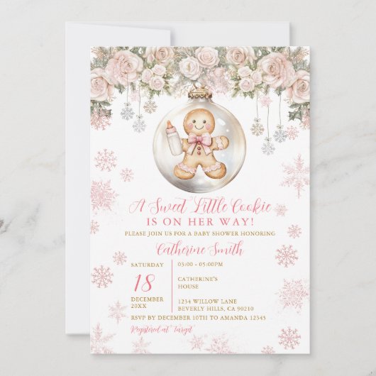 Pink Bow Gingerbread Christmas Cookies Baby Shower 招待状 (正面)