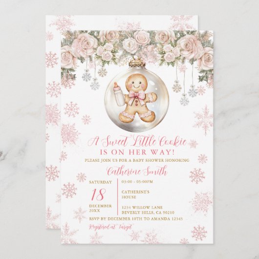 Pink Bow Gingerbread Christmas Cookies Baby Shower 招待状 (正面/裏面)