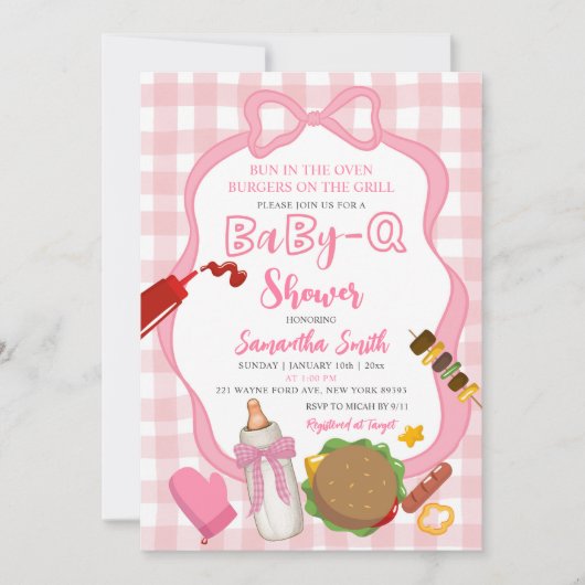 Pink Bow Gingham  Babyq baby shower invitation 招待状 (正面)