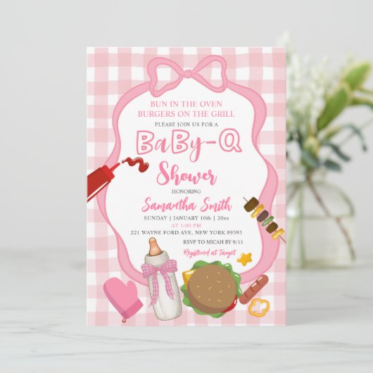 Pink Bow Gingham Babyq baby shower invitation 招待状 (スタンド正面)
