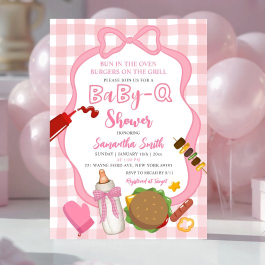 Pink Bow Gingham  Babyq baby shower invitation 招待状