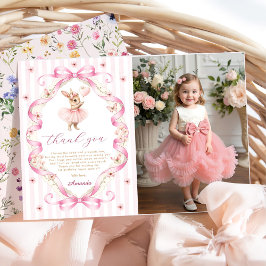 Pink Bow Gingham Bunny 1st Birthday サンキューカード