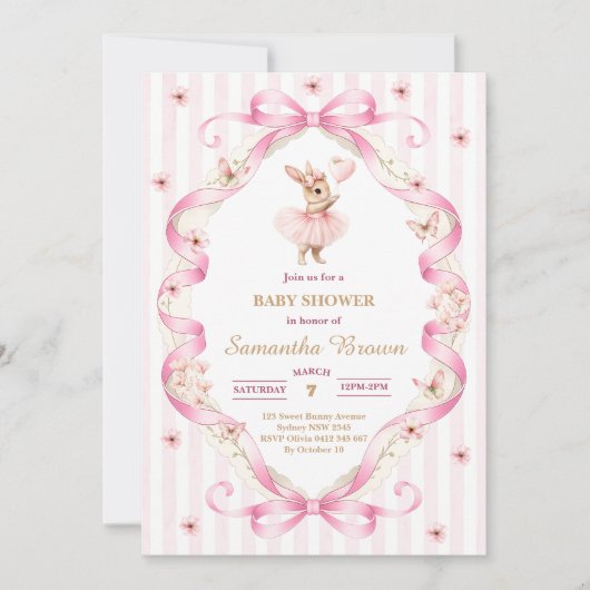  Pink Bow Gingham Bunny Baby Shower  招待状 (正面)