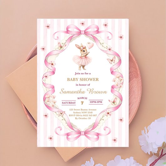 Pink Bow Gingham Bunny Baby Shower 招待状