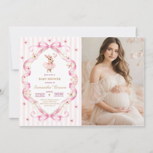  Pink Bow Gingham Bunny Baby Shower  招待状 (正面)