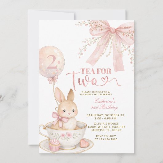 Pink Bow Gingham Bunny Girl Birthday Invitation 招待状 (正面)
