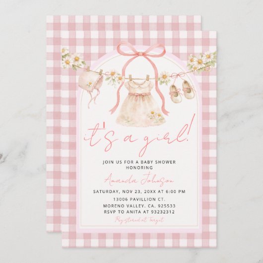 Pink Bow Gingham Daisy Clothesline I 招待状 (正面/裏面)