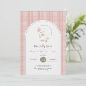 Pink Bow Gingham One Silly Duck 1st Birthday Party 招待状 (スタンド正面)