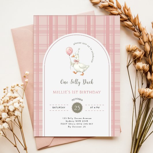 Pink Bow Gingham One Silly Duck 1st Birthday Party 招待状