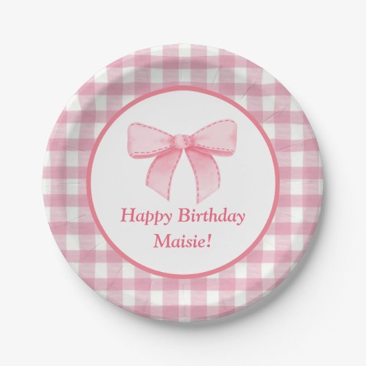 Pink Bow Gingham Paper Plate  ペーパープレート (正面)