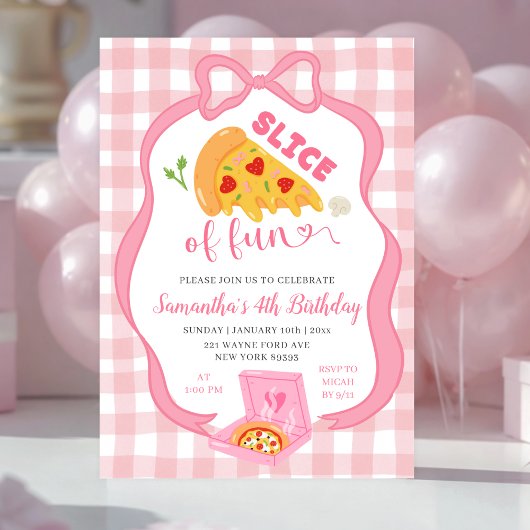 Pink Bow Gingham Slice of Fun pizza birthday  招待状
