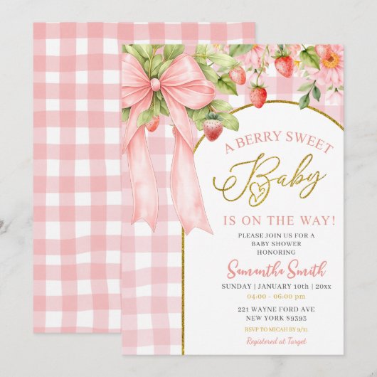Pink Bow Gingham Strawberry Baby Shower 招待状 (正面/裏面)
