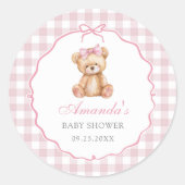Pink Bow Gingham Teddy Bear Baby Shower ラウンドシール (正面)