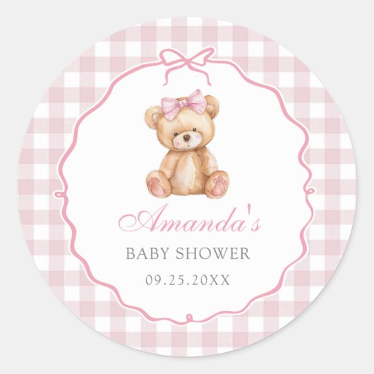 Pink Bow Gingham Teddy Bear Baby Shower ラウンドシール (正面)