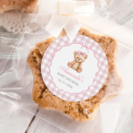 Pink Bow Gingham Teddy Bear Baby Shower ラウンドシール