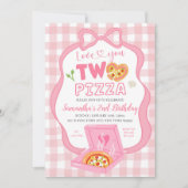 Pink Bow GinghamLove you TWO pizza birthday 招待状 (正面)