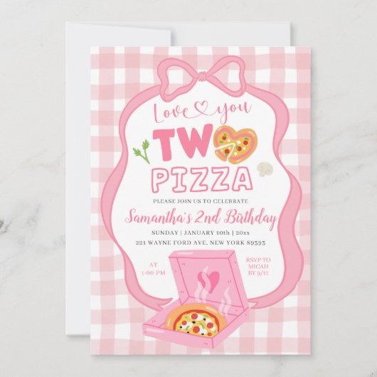 Pink Bow GinghamLove you TWO pizza birthday 招待状 (正面)